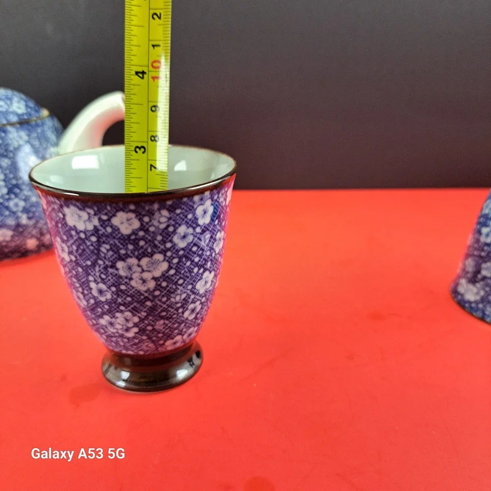 Vintage Tachikichi Japanese Tea Set 6 Pc Blue Calico Floral Teapot Cups EX